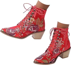 AMDBEL Wedge Boots for Women Ankle Booties Chunky High Heel Lace Up Boots Pointed Toe Lace Up Embroidery Flower Ethnic Boots
