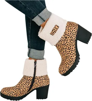 Bcshiye Winter Boots for Women Comfort Slip On Mid Chunky Heel Suede Snow Ankle Boots Warm Fur Lined Outdoor Calf Boots