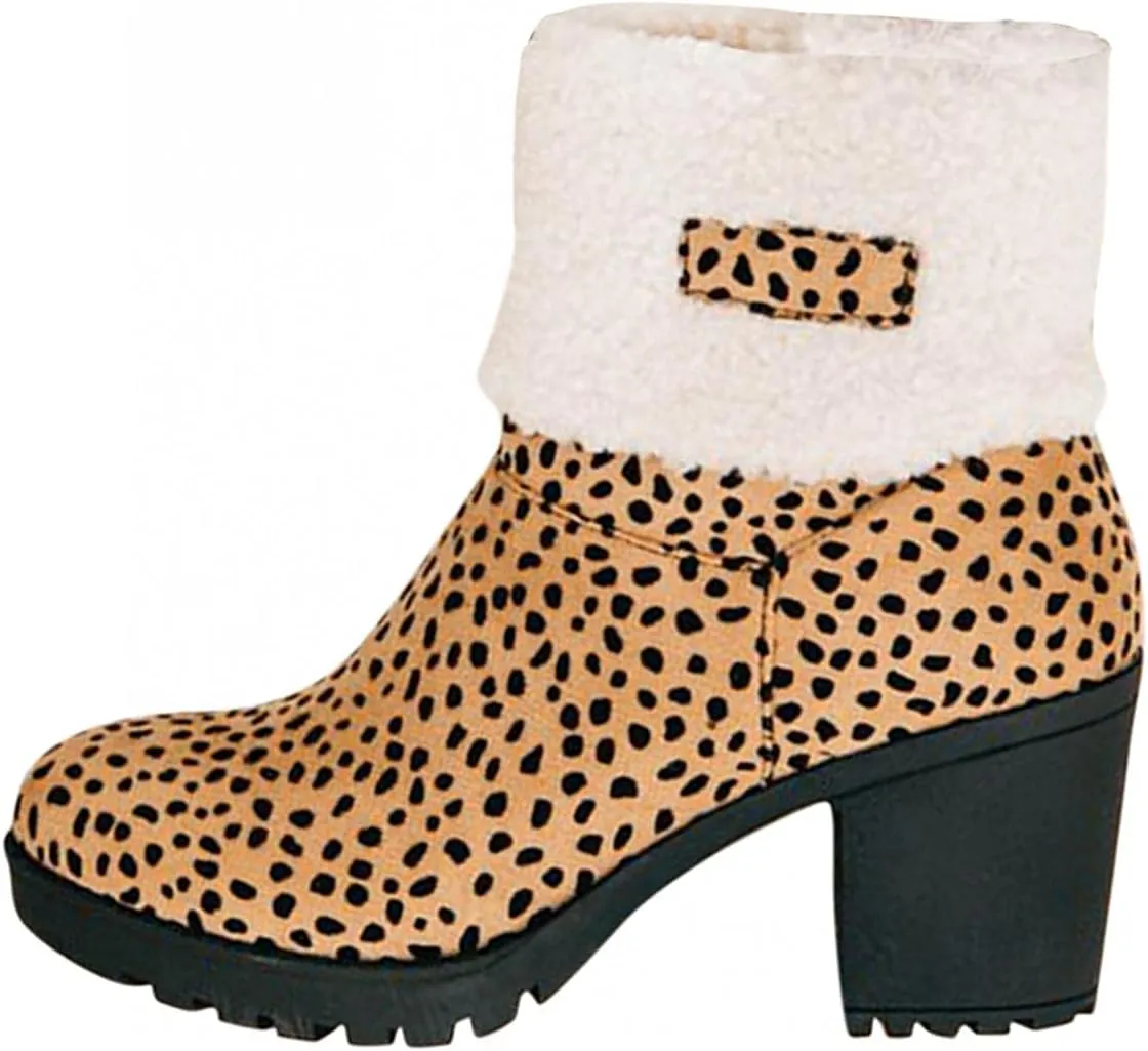 Bcshiye Winter Boots for Women Comfort Slip On Mid Chunky Heel Suede Snow Ankle Boots Warm Fur Lined Outdoor Calf Boots
