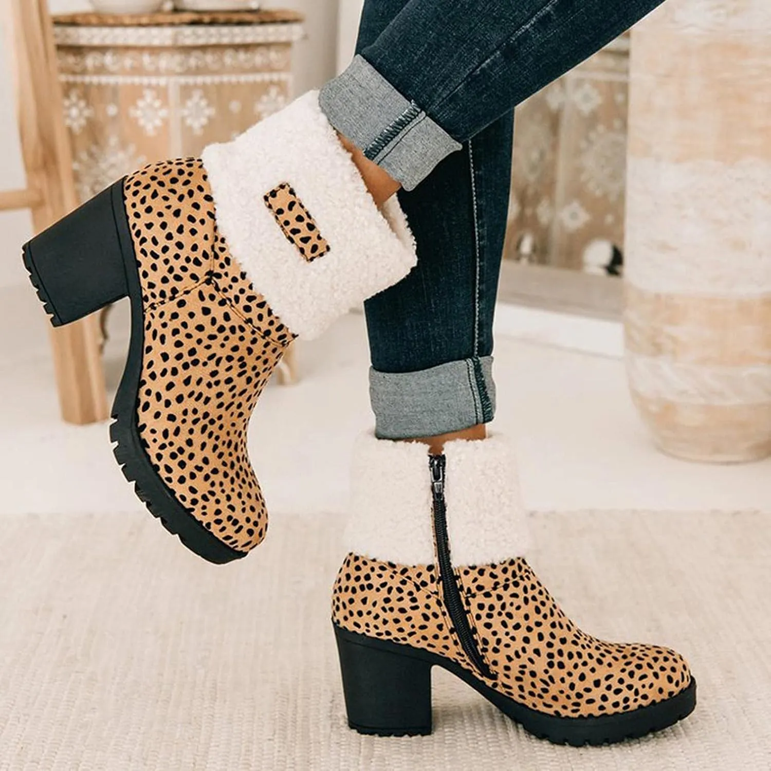 Bcshiye Winter Boots for Women Comfort Slip On Mid Chunky Heel Suede Snow Ankle Boots Warm Fur Lined Outdoor Calf Boots