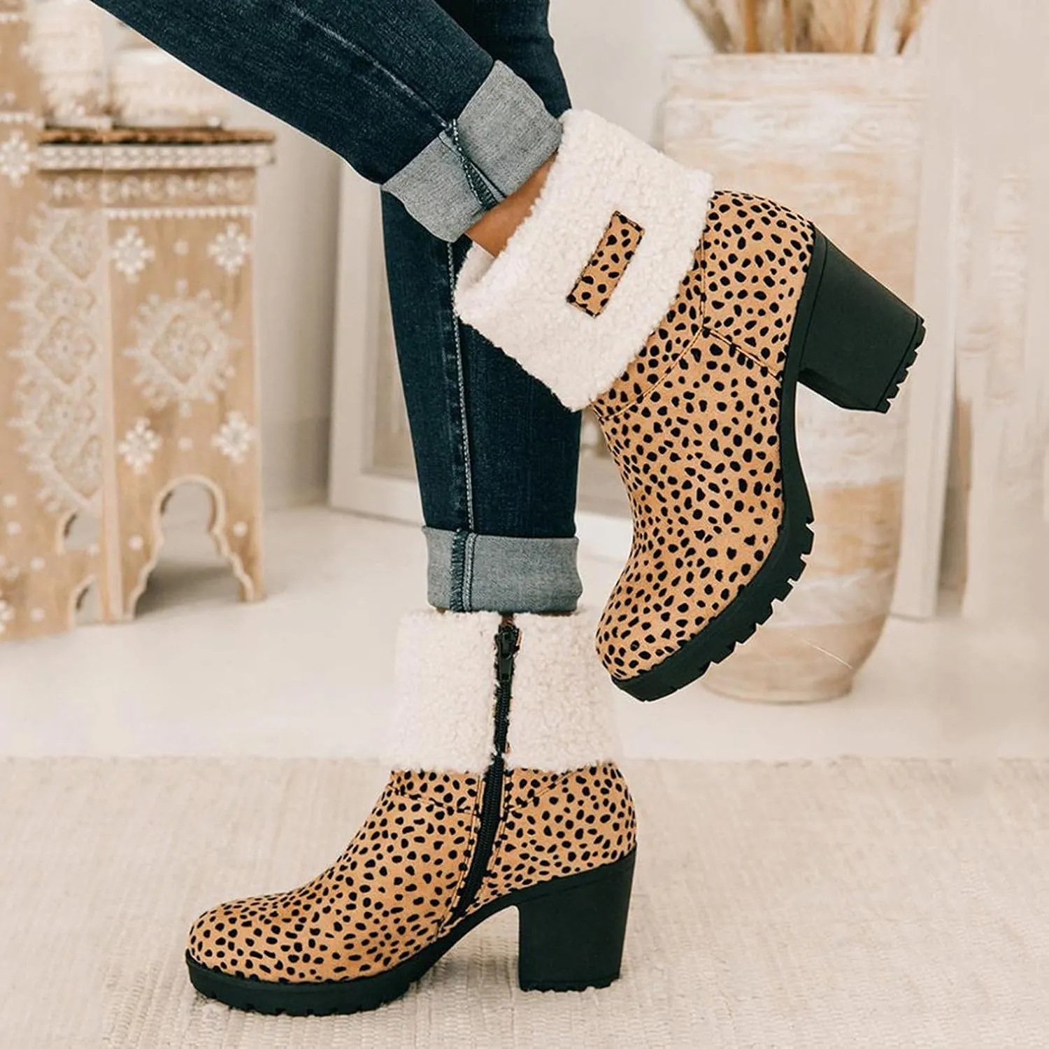 Bcshiye Winter Boots for Women Comfort Slip On Mid Chunky Heel Suede Snow Ankle Boots Warm Fur Lined Outdoor Calf Boots