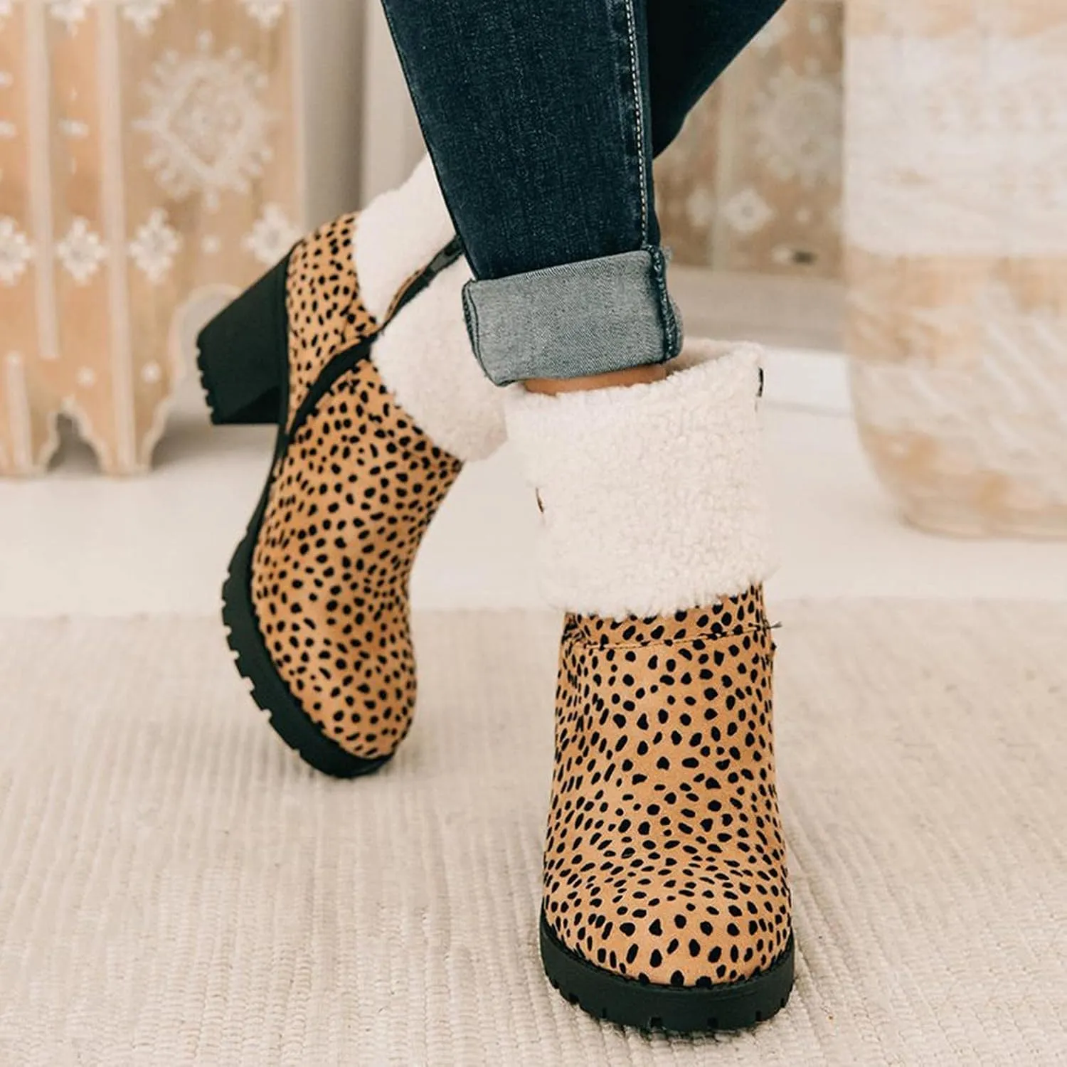 Bcshiye Winter Boots for Women Comfort Slip On Mid Chunky Heel Suede Snow Ankle Boots Warm Fur Lined Outdoor Calf Boots