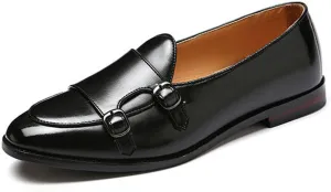 ByErz Men's Slip-On Leather Penny Loafers with Double Buckle Classic Dress Driving Casual Fashion Shoes