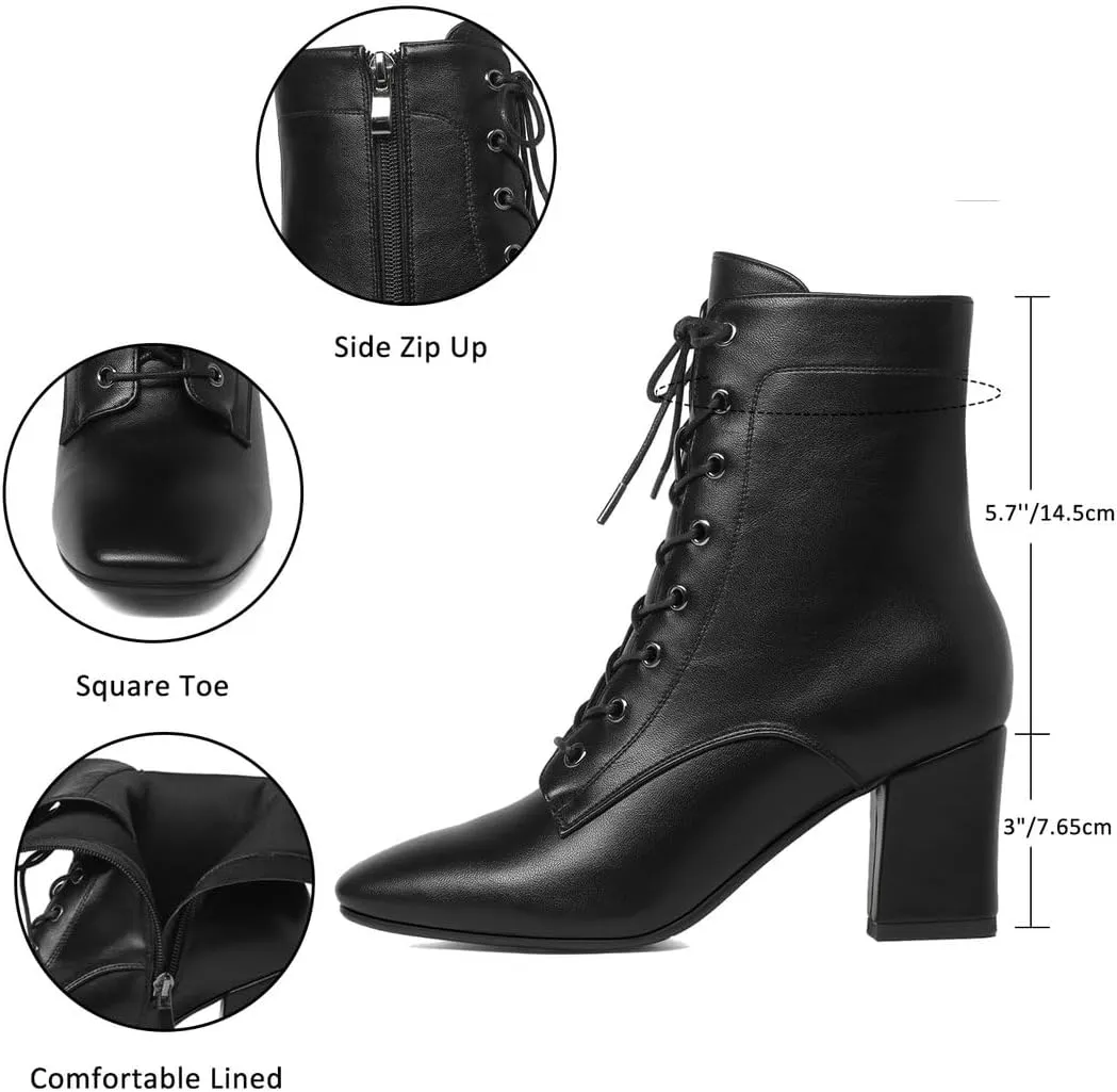 Caradise Womens Lace Up Ankle Boots Square Toe Chunky Heeled Ankle Boots Autumn Dress Shoes