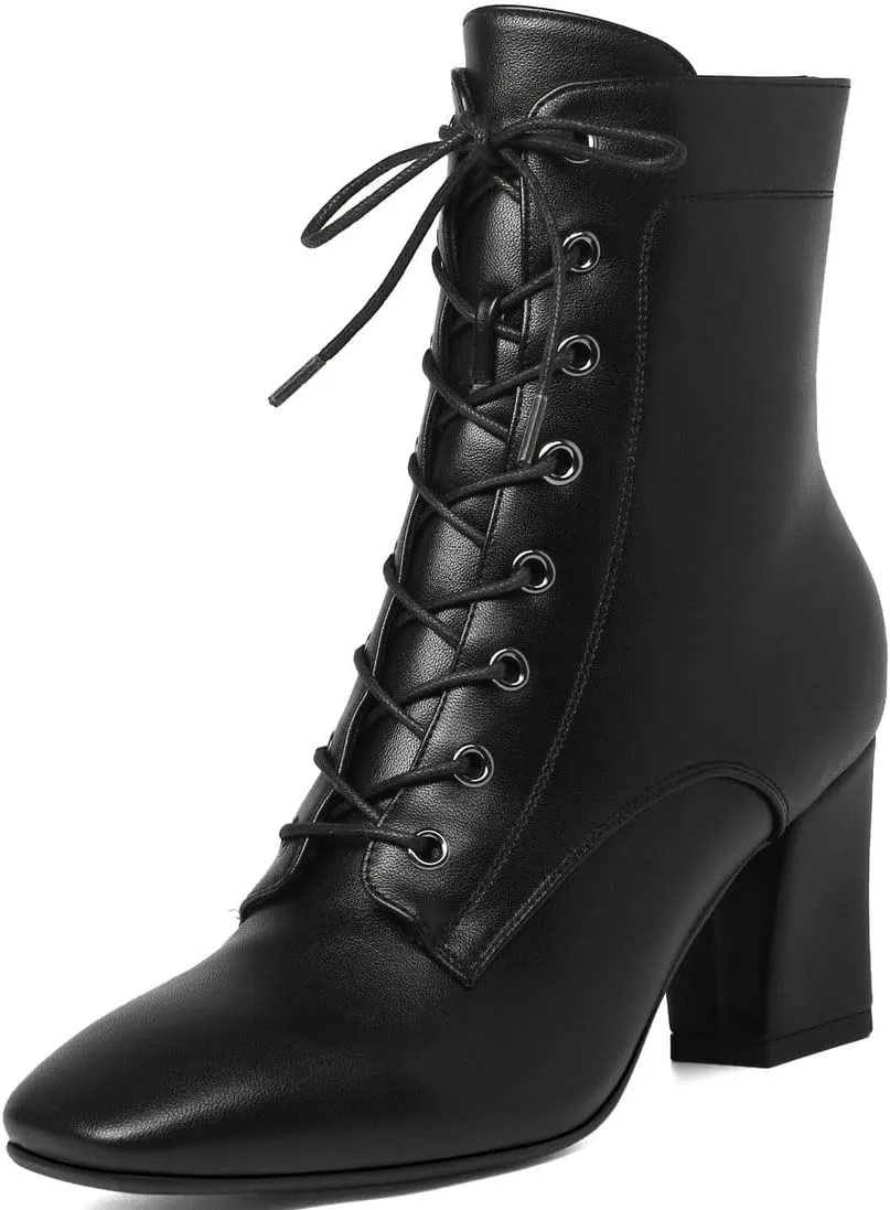 Caradise Womens Lace Up Ankle Boots Square Toe Chunky Heeled Ankle Boots Autumn Dress Shoes