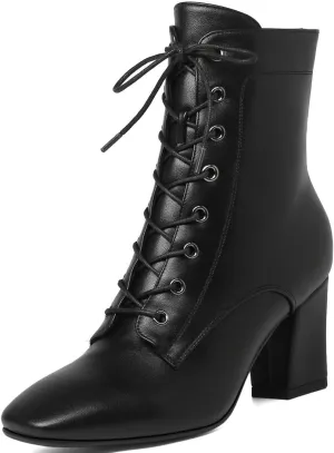 Caradise Womens Lace Up Ankle Boots Square Toe Chunky Heeled Ankle Boots Autumn Dress Shoes