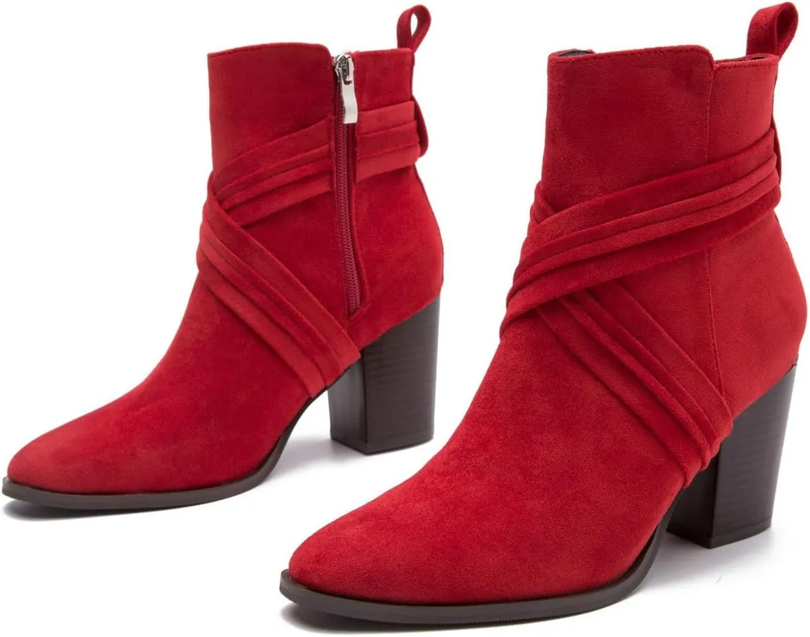 DINTAHA Suede Booties For Women,Chunky Stacked Heel Zipper Ankle Boots For Ladies