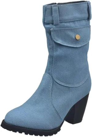 European and Style Large Size High Heel Denim Mid- Women's Boots Sailing Boot