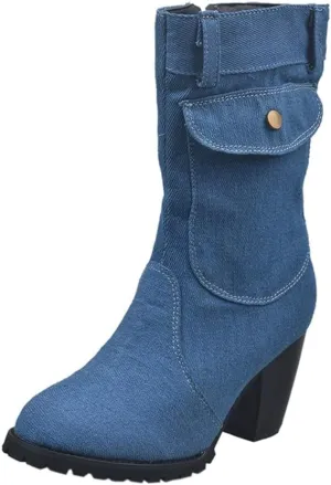 European and Style Large Size High Heel Denim Mid- Women's Boots Sailing Boot