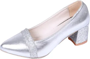Fashion Autumn Women Casual Shoes Thick Heel Medium Heel Pointed Toe Colorblock Sequins Wide Womens Casual Shoes (6.5) Silver