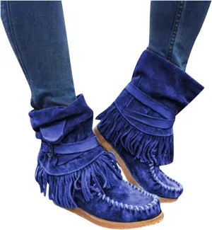 Gibobby Booties for Womens Mid Knee High Boots Platform Heel Fringe Side Zipper Fashion Winter Shoes Cowboy Booties