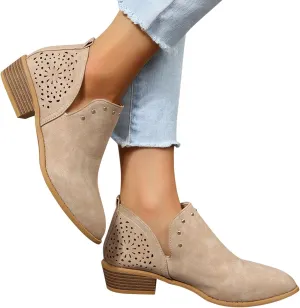 Gibobby Boots for Women Low Heel,Retro V Cutout Short Warm Boots Closed Toe Low Heel Combat Western Shoes