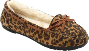 Girls Moccasins Slip On Indoor Outdoor Fur Loafer Shoes Slippers (11, Leopard)