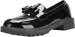 Girl's Patent Leather Loafers - Glossy Slip-On Dress Shoes with Bow and Fringe Tassels, Chunky Non-Slip Sole for School or Casual Wear