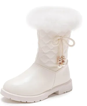 Girls Winter Snow Boots Furry Fuzzy Fluffy Warm Winter Booties Mid Calf Anti-Slip Outdoor Walking Boots Casual Shoes