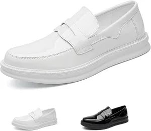 Helenbra Men's Leather Slip on Penny Flats Loafers,Fashion Glossy Hand Stitching Comfortable Non-Slip Business Dress Driving Walking Shoes Casual Boat Shoe Moccasins