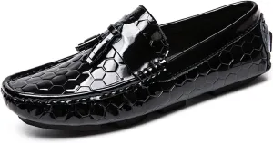 HOOENG Driving Moccasins Smoking Loafer for Men Genuine Leather Round Toe Tassel Patent Leather Hexagon Embossed Comfortable Resistant Flat Heel Soft Casual (Color : Black, Size : 9)