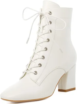 KOKOMOMO Square Toe Heeled Booties Lace Up High Chunky Heel Ankle Boots Fall Dress Shoes
