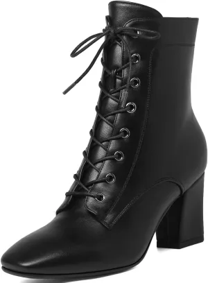 KOKOMOMO Square Toe Heeled Booties Lace Up High Chunky Heel Ankle Boots Fall Dress Shoes