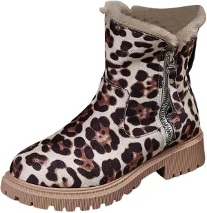 Ladies Fashion Leopard Print Suede Winter Plush Insulation Side Zipper Thick Heeled Snow Boots Winter Boots Women Plaid (Khaki, 7.5)