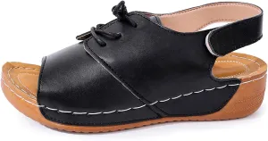 Ladies Summer Retro Solid Colour Glossy Hollow Slope Heel Beach Thick Bottom Large Size Arch Bottom Cool Shoe Laces