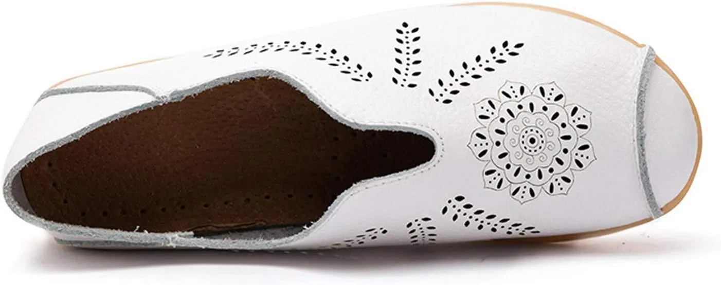 Leisure Slip On Work Single Hollow Casual Leather Shoes Women's Comfortable Loafers Printed Flat Women's Casual Shoes