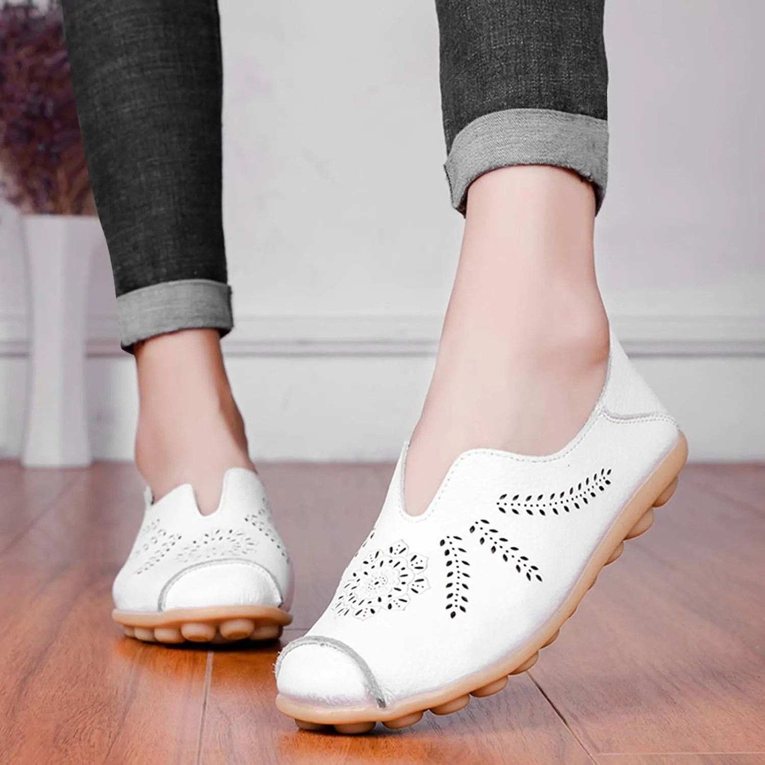 Leisure Slip On Work Single Hollow Casual Leather Shoes Women's Comfortable Loafers Printed Flat Women's Casual Shoes