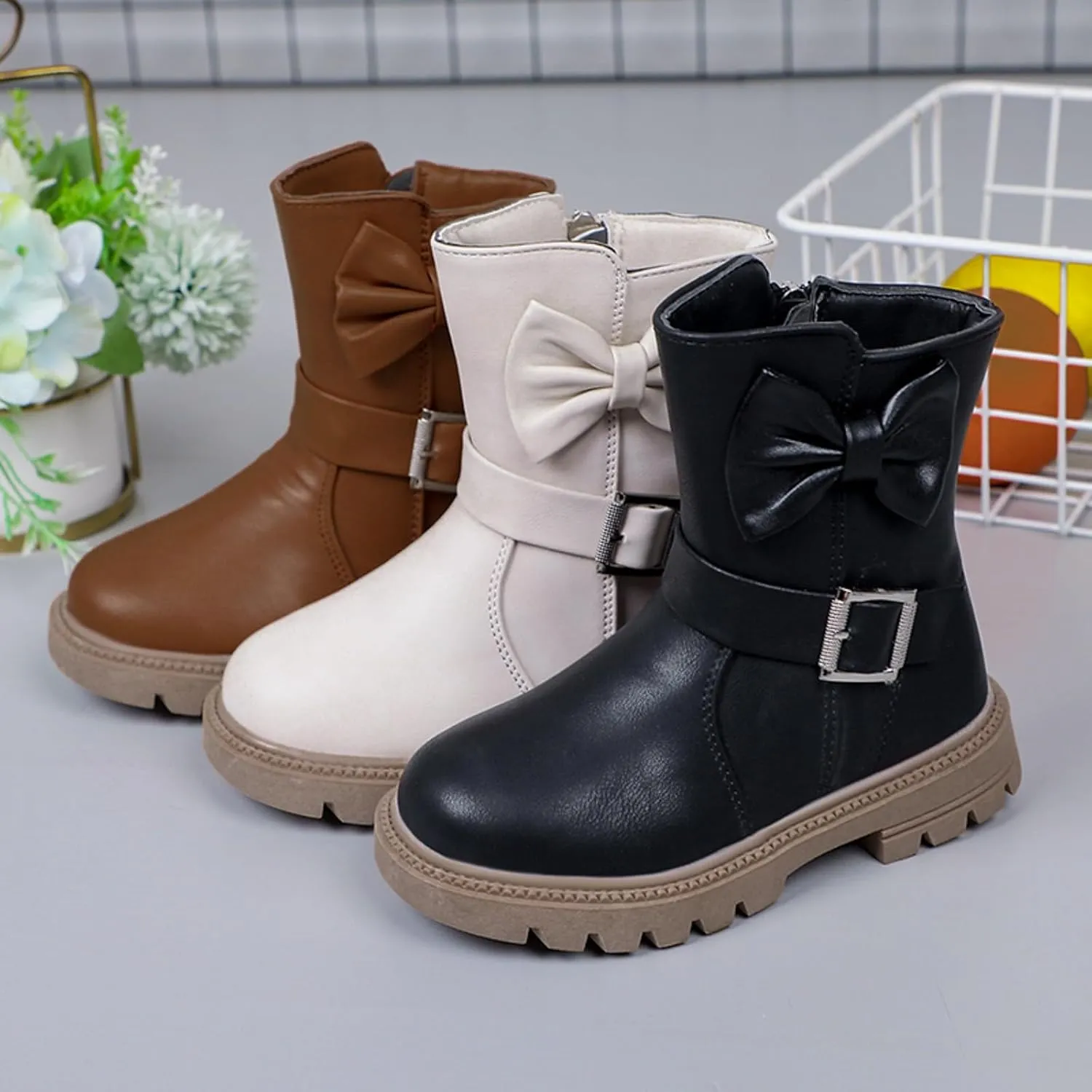 Little Girls Boots Cute Bowknot Dress Boots Anti Slip Low Heel Boots Fashion Comfortable Motorcycle Riding Boots