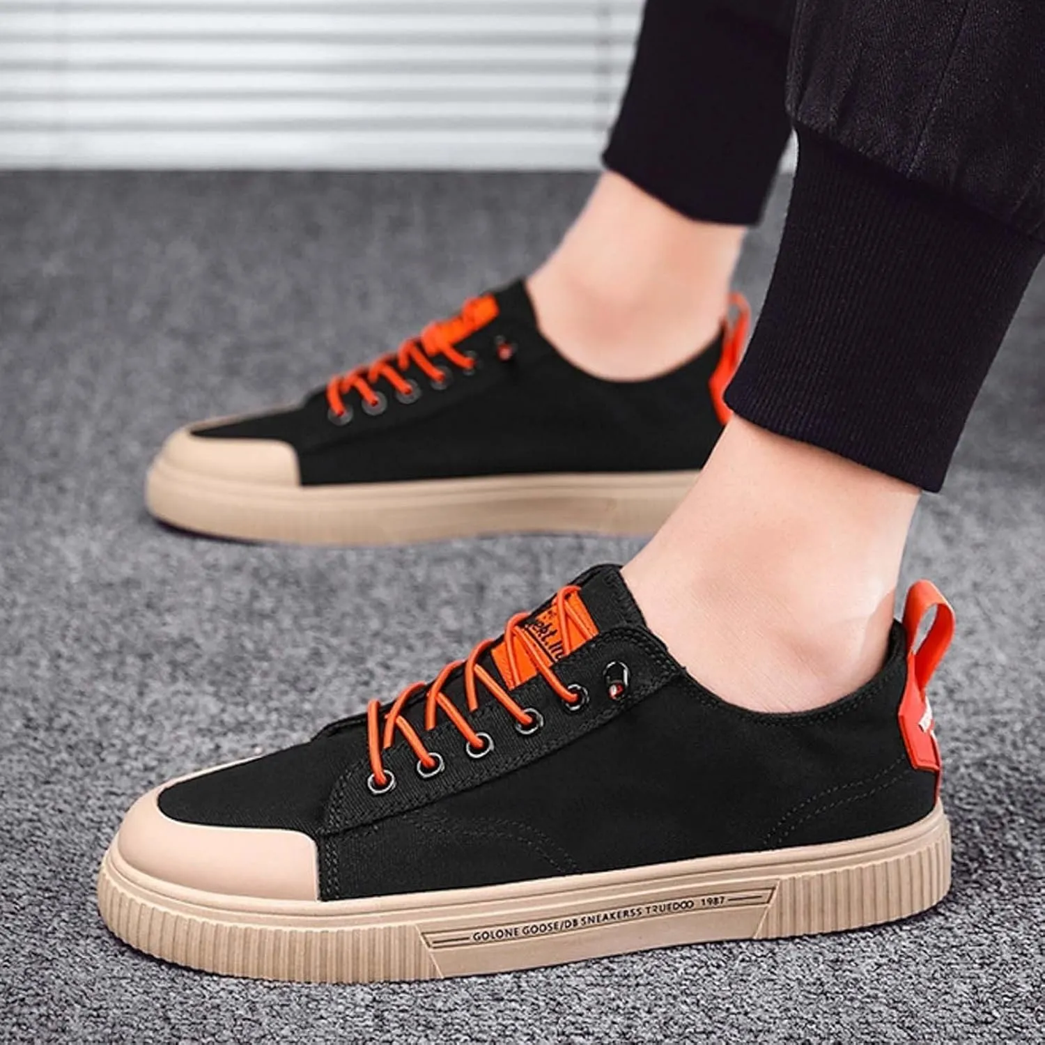 Men's Breathable Canvas Shoes Lace Up Walking Shoes Soft Flat Slip on Casual Shoes Comfortable Casual Men Leather Shoe