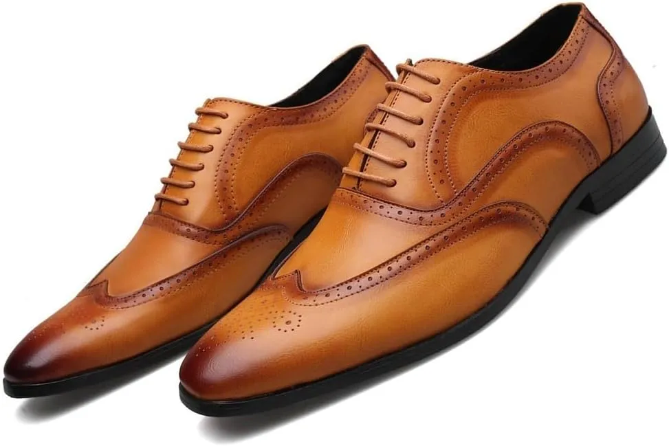 Men's Dress Oxford Lace-Up Square Toe Brogue Wingtip Shoes Slip-Resistant Low-Top Rubber Sole Anti-Slip Non-Slip Prom