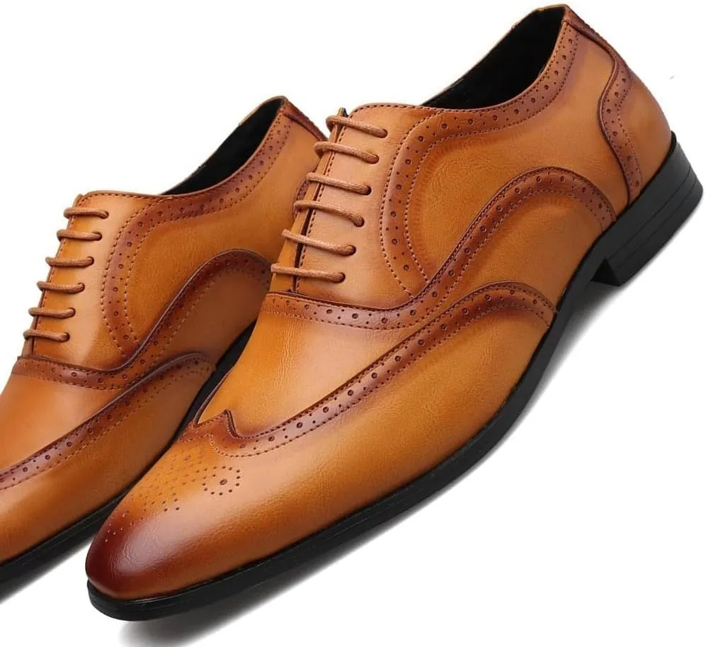 Men's Dress Oxford Lace-Up Square Toe Brogue Wingtip Shoes Slip-Resistant Low-Top Rubber Sole Anti-Slip Non-Slip Prom