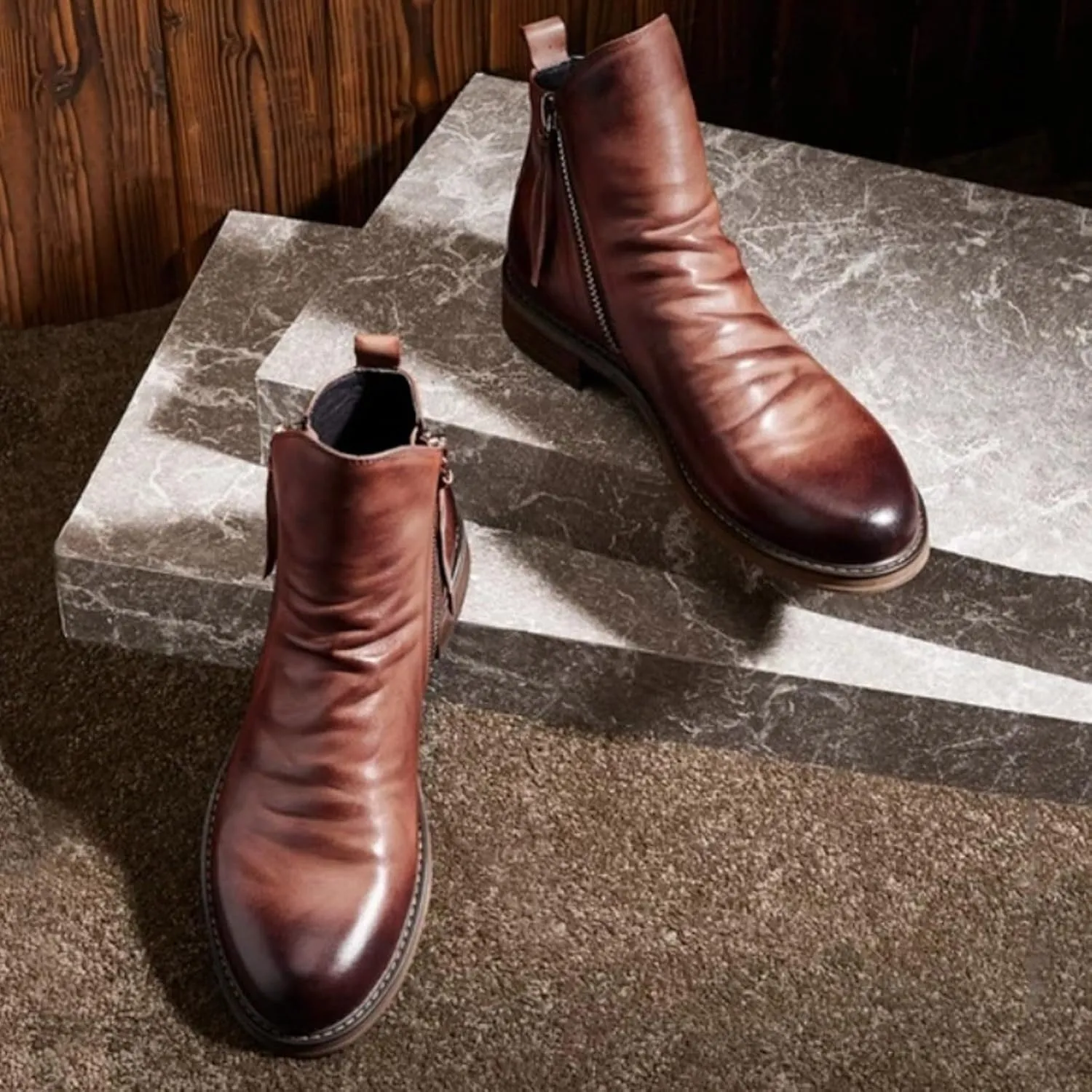 Men's Fashionable Retro Ankle Boots Zipper Sleeve Casual Leather Chukka Boot Water Proof Side Zip Dress Boots for Snow