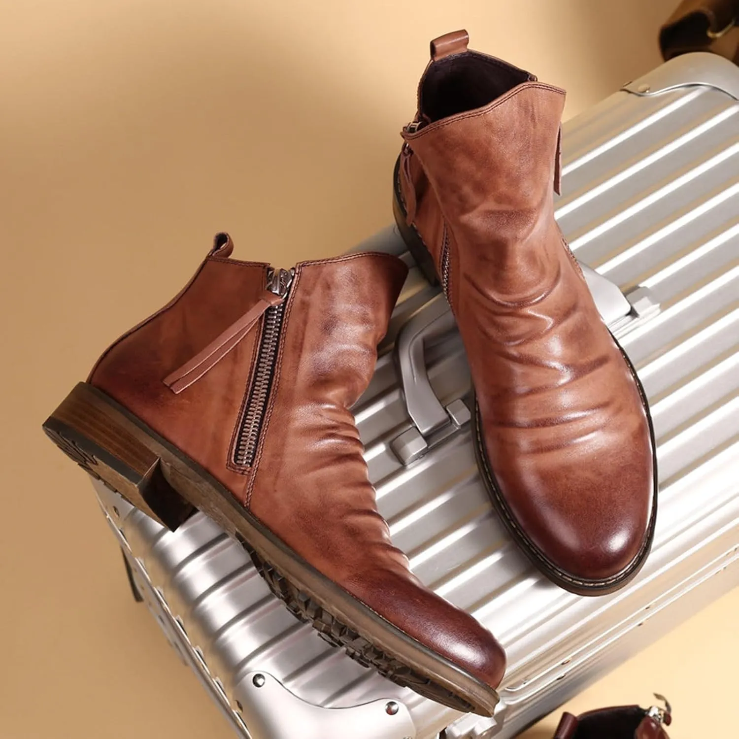 Men's Fashionable Retro Ankle Boots Zipper Sleeve Casual Leather Chukka Boot Water Proof Side Zip Dress Boots for Snow