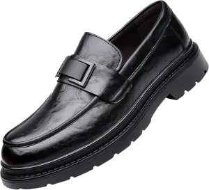 Men's Leather Platform Formal Oxford Shoes Comfortable Round Toe Slip On Oxford Shoes Fashion Metal Buckle Casual Business Formal Shoes