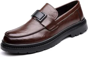 Men's Leather Platform Formal Oxford Shoes Comfortable Round Toe Slip On Oxford Shoes Fashion Metal Buckle Casual Business Formal Shoes