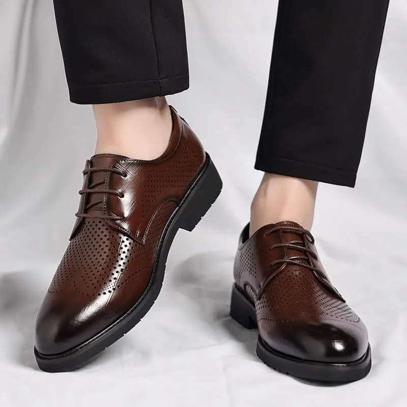 Men's Mesh Hollow Breathable Dress Oxford Shoes Lace-Up Pointed Burnished Toe PU Leather Shoes with Anti-Slip Rubber Sole and Block Heel for Wedding