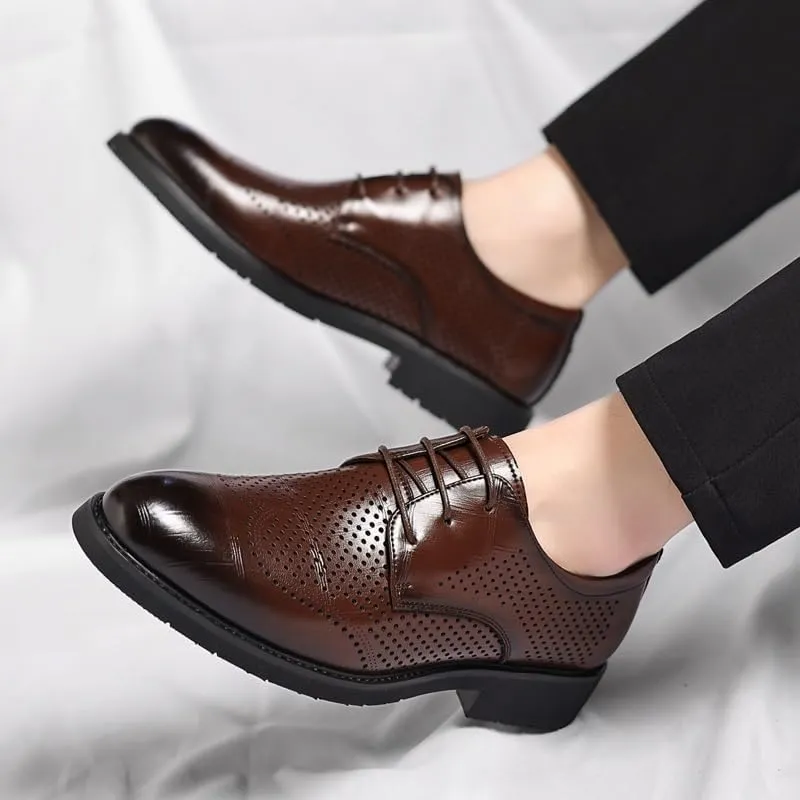 Men's Mesh Hollow Breathable Dress Oxford Shoes Lace-Up Pointed Burnished Toe PU Leather Shoes with Anti-Slip Rubber Sole and Block Heel for Wedding