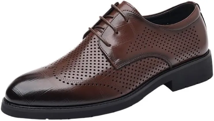 Men's Mesh Hollow Breathable Dress Oxford Shoes Lace-Up Pointed Burnished Toe PU Leather Shoes with Anti-Slip Rubber Sole and Block Heel for Wedding