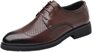 Men's Mesh Hollow Breathable Dress Oxford Shoes Lace-Up Pointed Burnished Toe PU Leather Shoes with Anti-Slip Rubber Sole and Block Heel for Wedding