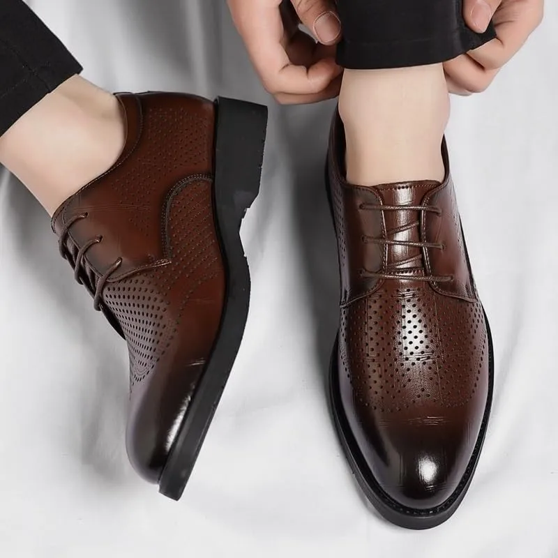 Men's Mesh Hollow Breathable Dress Oxford Shoes Lace-Up Pointed Burnished Toe PU Leather Shoes with Anti-Slip Rubber Sole and Block Heel for Wedding