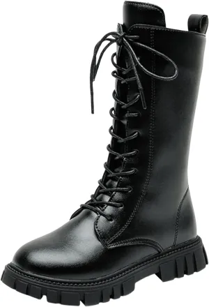 Mid Calf Girls Kids Boots Lace Up Side Zipper Combat Boots Faux Leather Motorcycle Riding Boot Lug Sole Low Heel Shoes