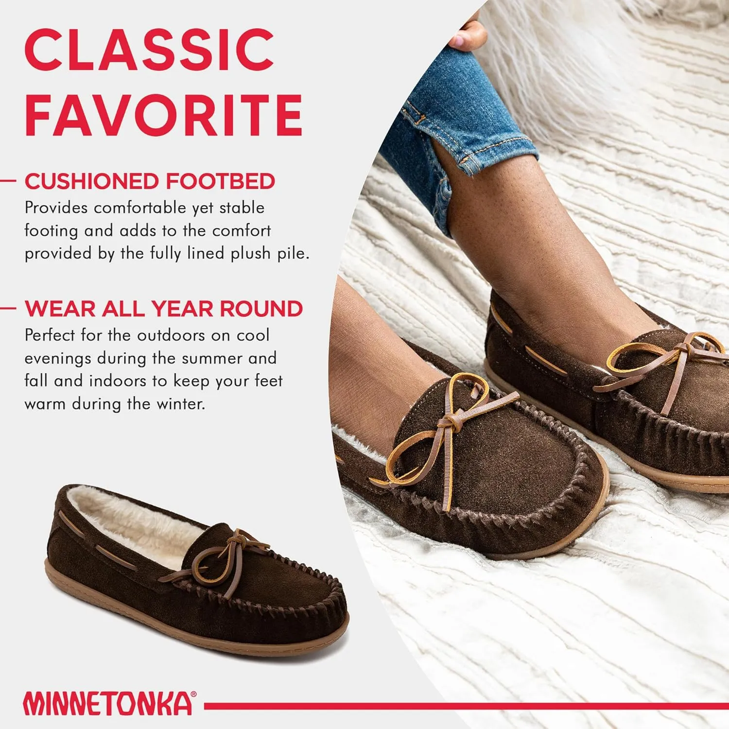 Minnetonka Womens Camp Tie Moc  Cozy, Suede Moccasin Slippers for Women with Plush Pile Lining, Cushioned Footbed, and Durable Sole for Indoor & Outdoor Comfort