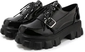 Patent Platform Oxfords Women Pumps Chunky Heels Lug Sole Brogues Sneakers Lacing Gothic Shoes with Buckled