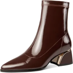 TinaCus Women's Glossy Patent Leather Handmade Chunky Heel Stretch Side Zip Up Ankle Boots