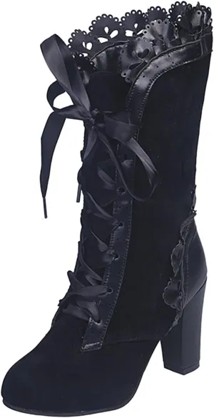 Victorian Boots for Women Casual Lace Up Mid Calf Gothic Chunky Heels Renaissance Vintage Boots Halloween Cosplay Witch Shoes