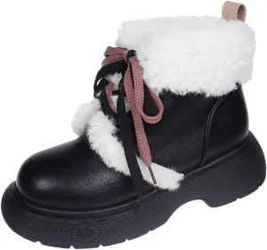 Women Snow Boots Autumn and Winter Fashionable Solid Color Vintage Japanese Warm and Womens Insulated Snow Boots Size 8 (Black, 7)
