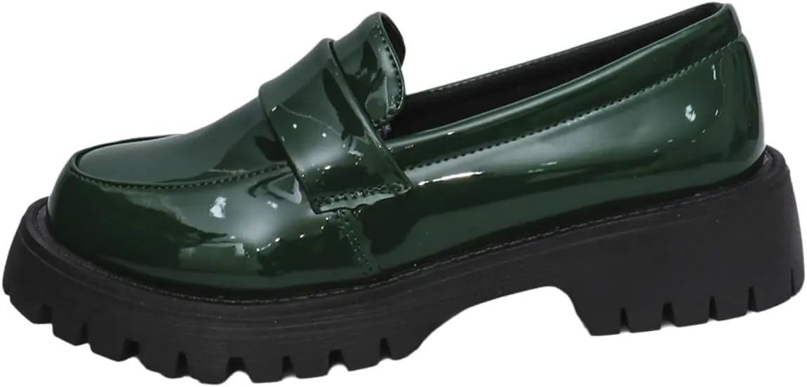 Women's Round Toe Glossy Leather Platform Loafers - Spring Slip-On Chunky Heel Flats for Business Casual & Office Wear, Lightweight & Comfortable Work Shoes