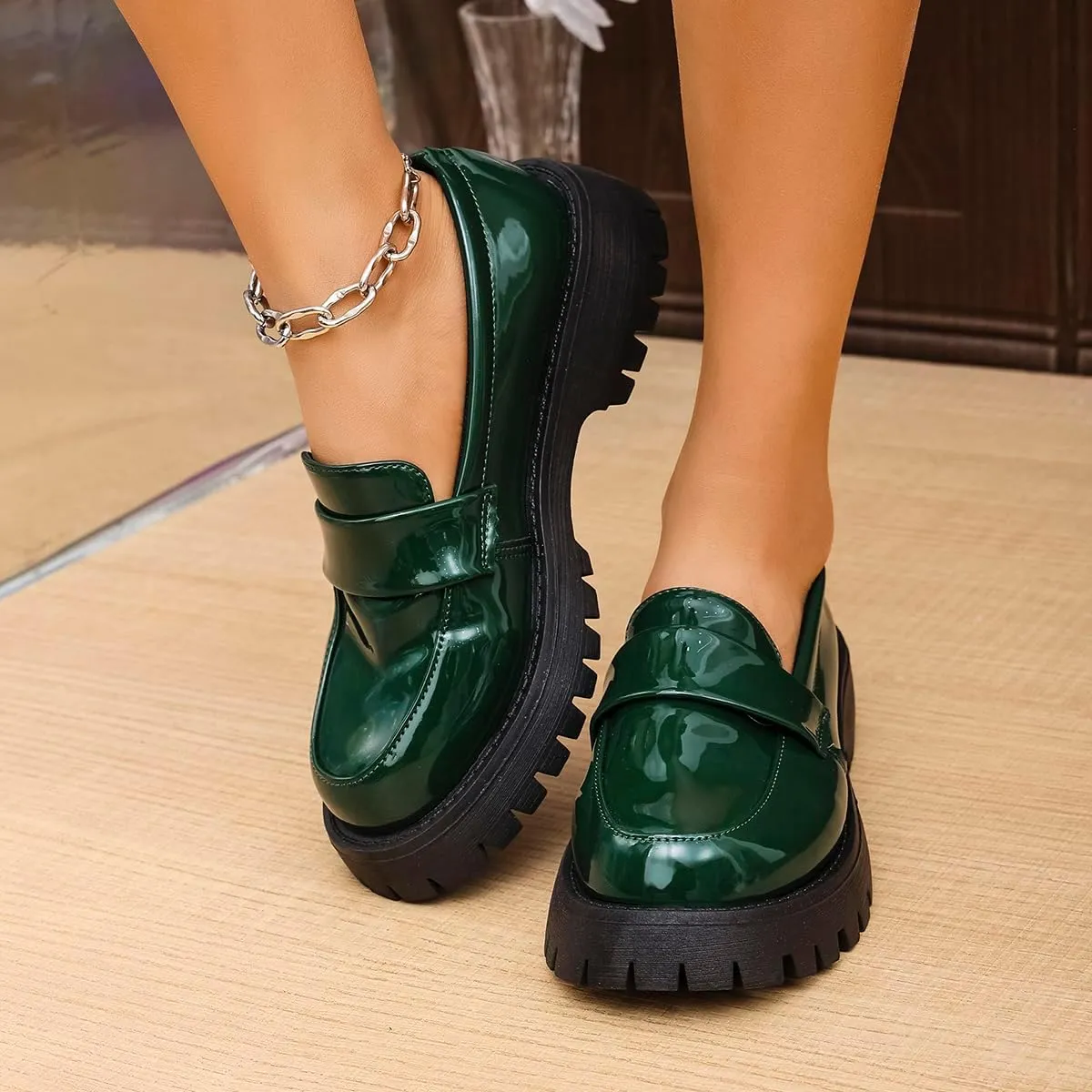 Women's Round Toe Glossy Leather Platform Loafers - Spring Slip-On Chunky Heel Flats for Business Casual & Office Wear, Lightweight & Comfortable Work Shoes