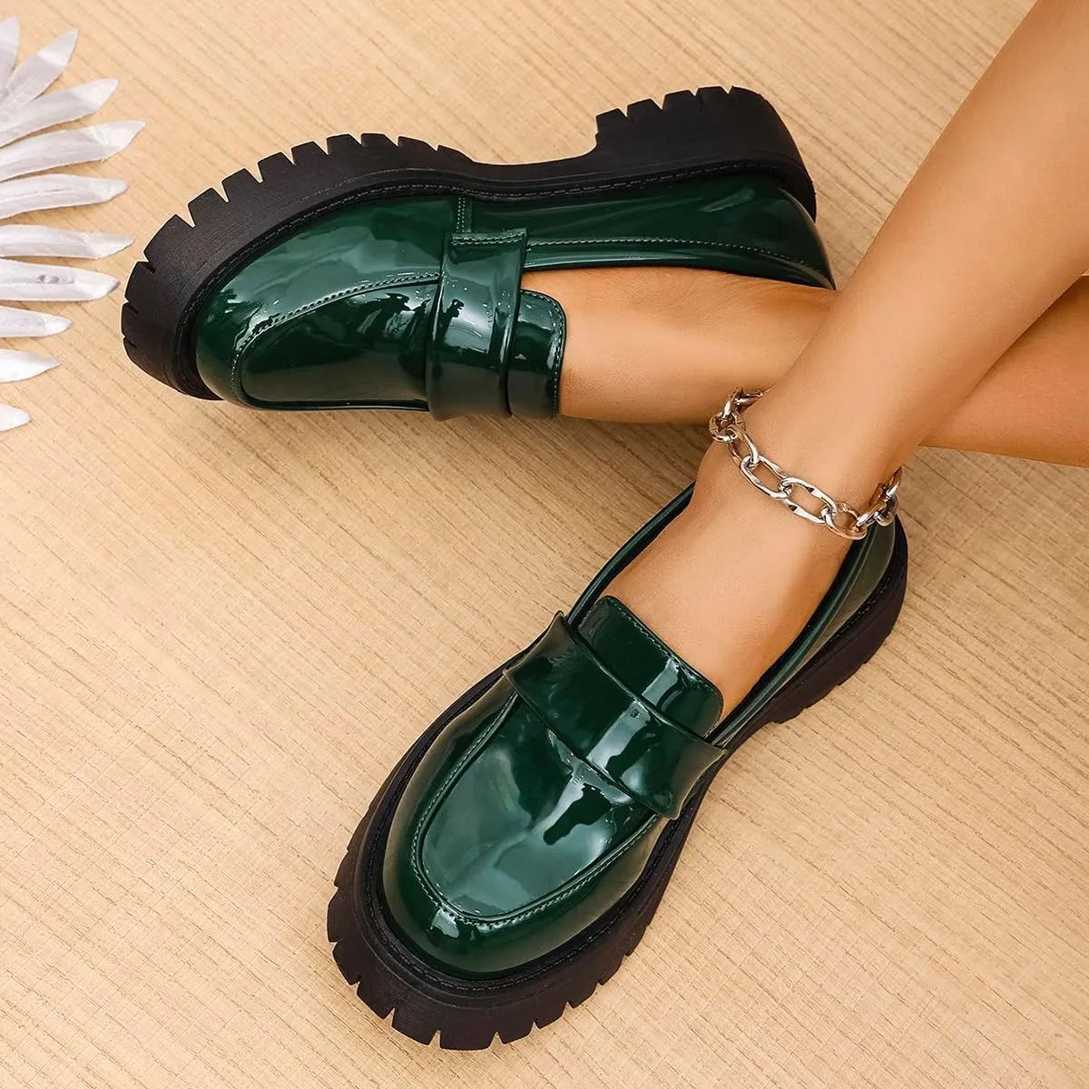 Women's Round Toe Glossy Leather Platform Loafers - Spring Slip-On Chunky Heel Flats for Business Casual & Office Wear, Lightweight & Comfortable Work Shoes