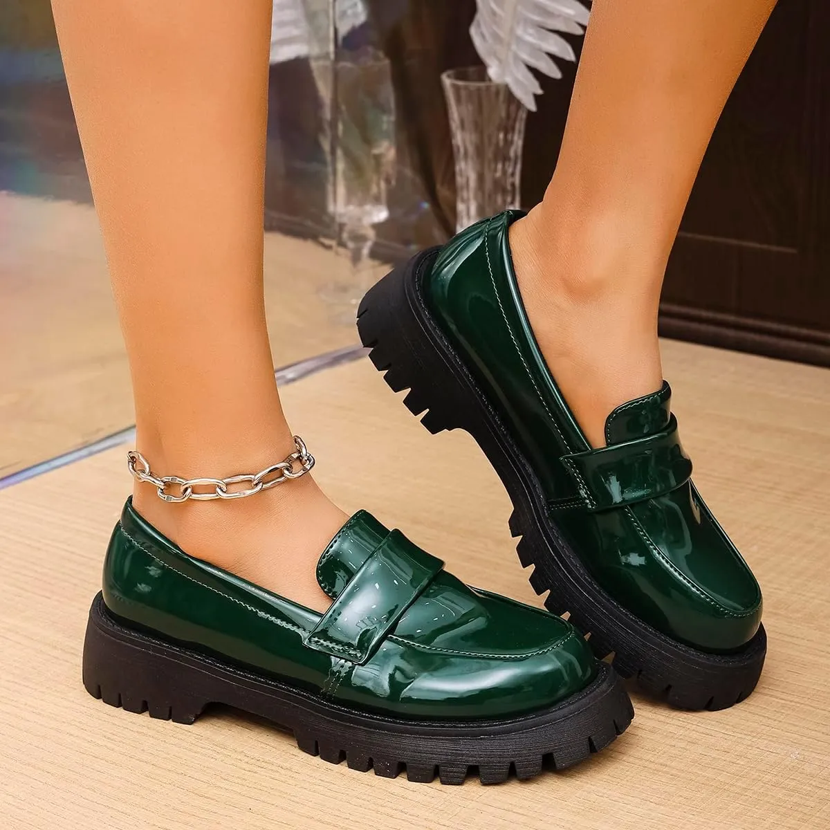 Women's Round Toe Glossy Leather Platform Loafers - Spring Slip-On Chunky Heel Flats for Business Casual & Office Wear, Lightweight & Comfortable Work Shoes